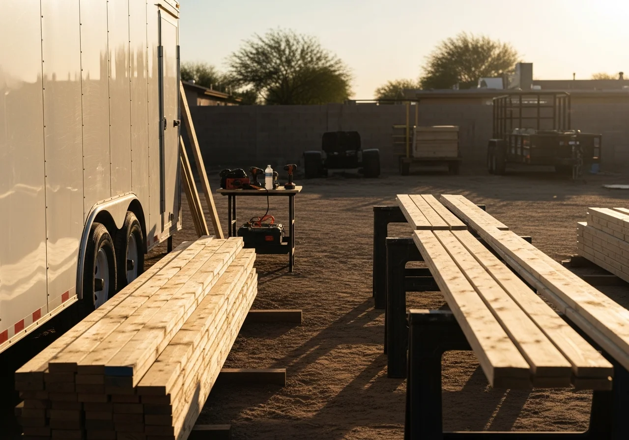 Construction crew and tools on a residential remodeling job site, showcasing professional equipment and workspace organization.