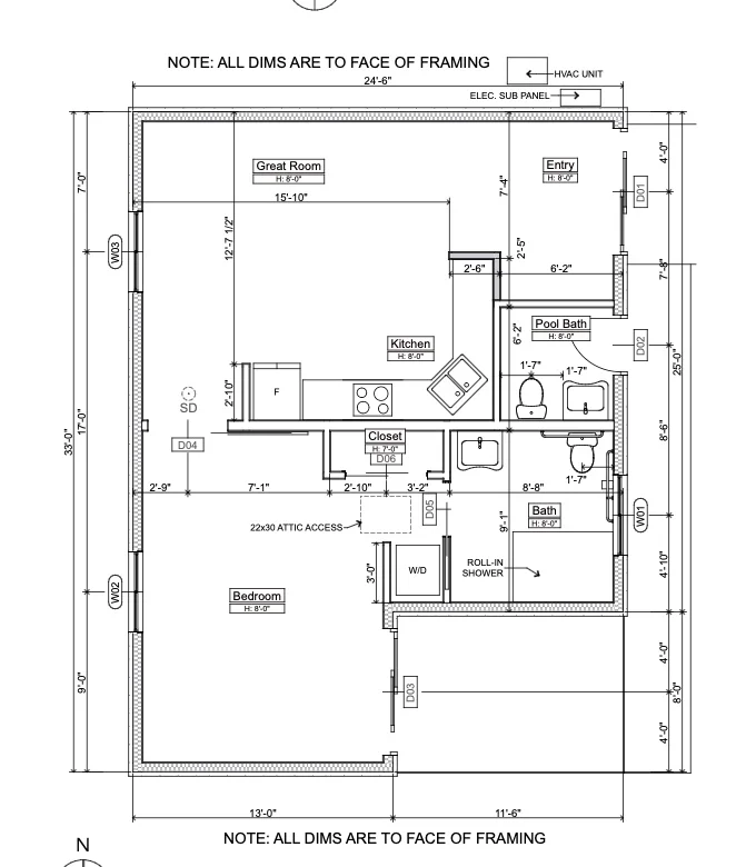 Architectural floor plan with great room, kitchen, bedroom, bathrooms, and utility spaces