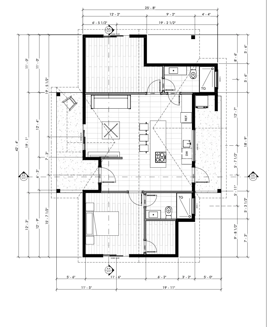 Architectural floor plan with two residential units, kitchens, bathrooms, and dimensional annotations