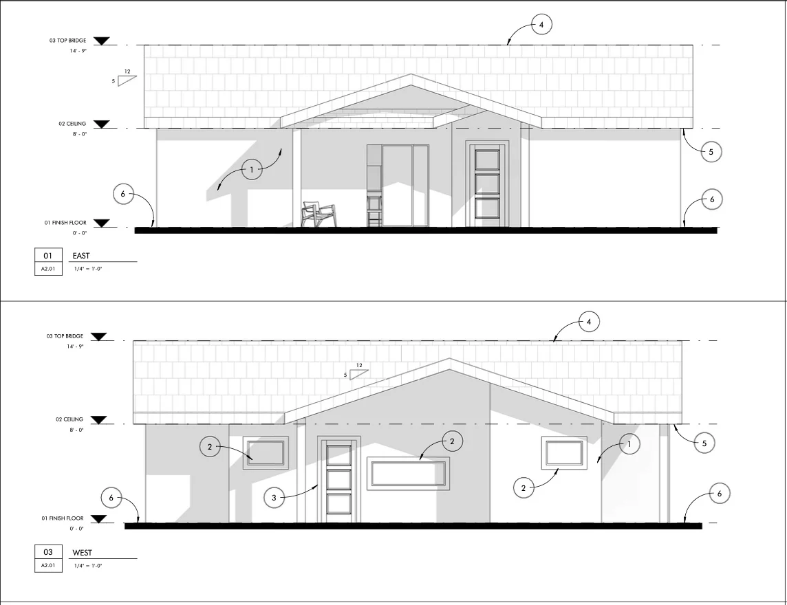 Architectural elevation drawings showing gabled roof addition with interior doors, windows, and structural details