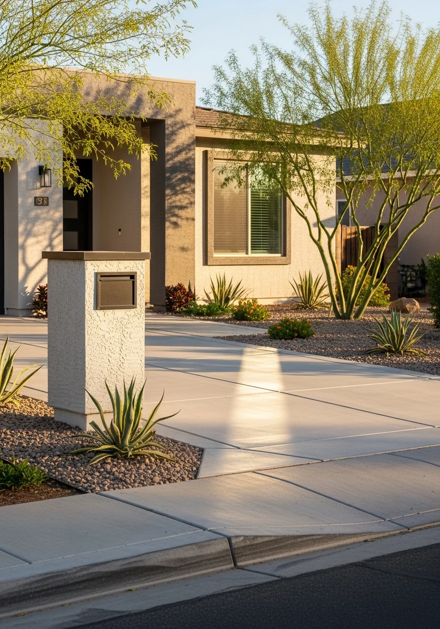 Close-up of a Chandler home's entrance with contemporary landscaping and clean driveway.