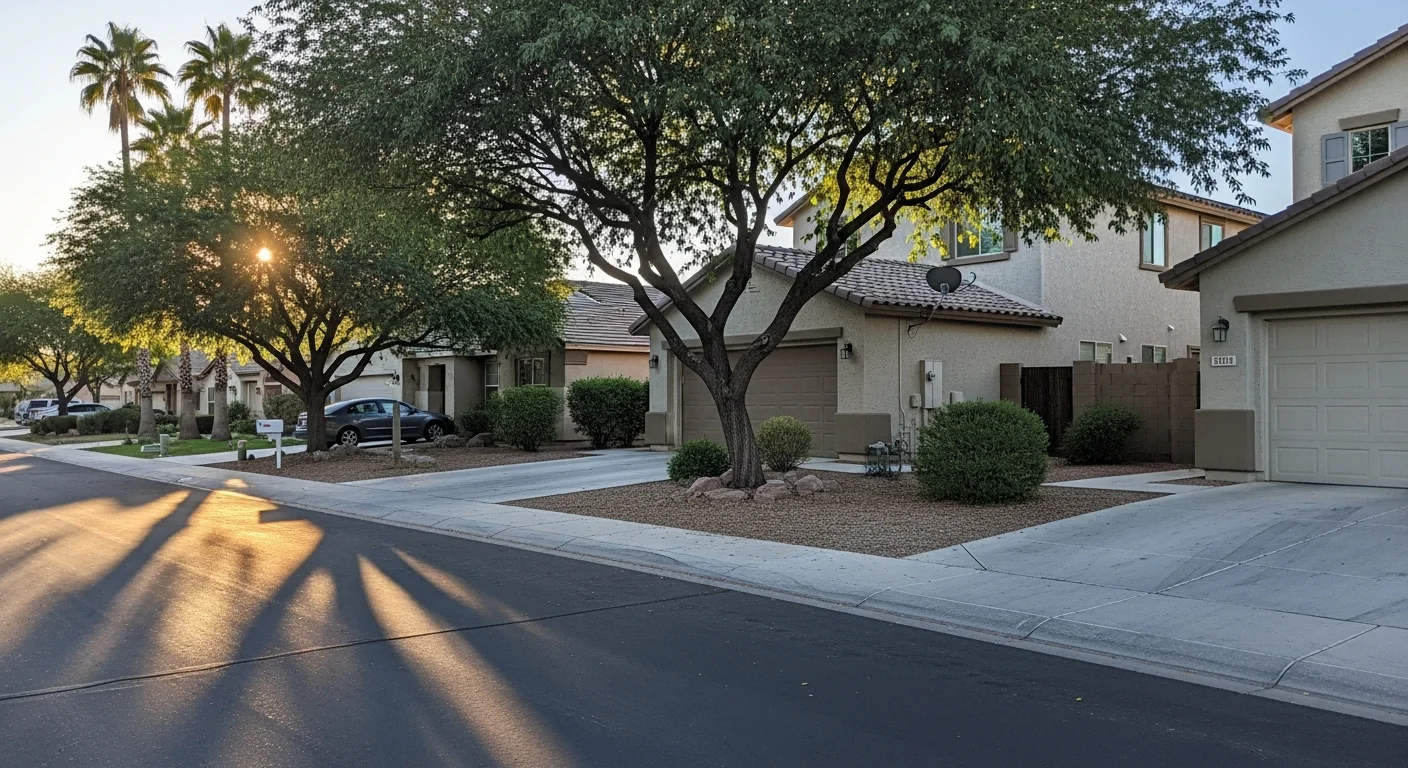 Sunny Chandler residential street lined with palm trees and modern single-family homes with manicured lawns.