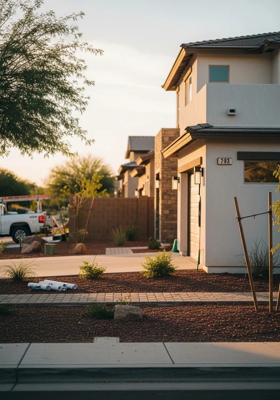 Gilbert home with contemporary design, clean driveway, and planned community setting.