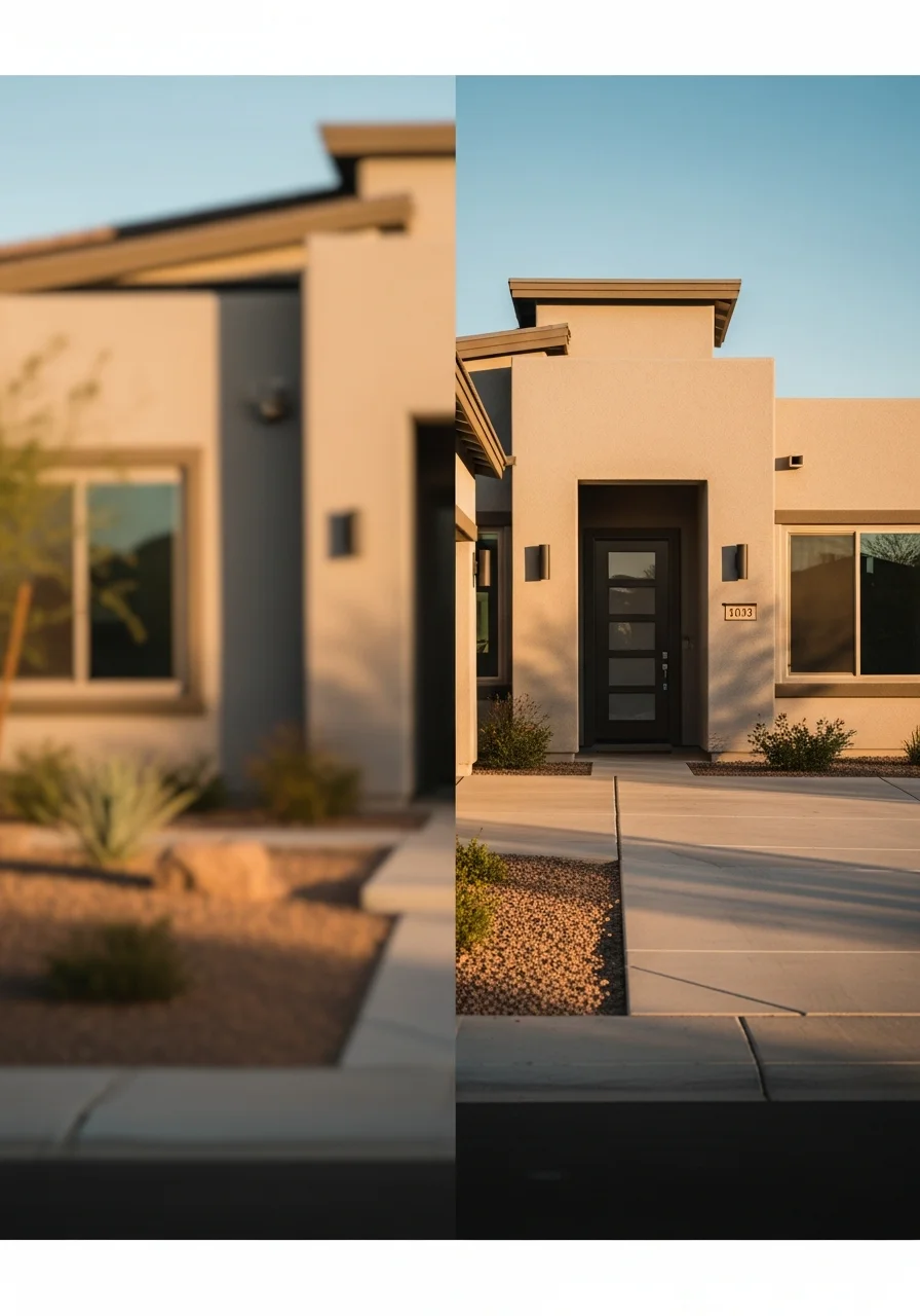 Peoria home with contemporary design, clean driveway, and community setting.