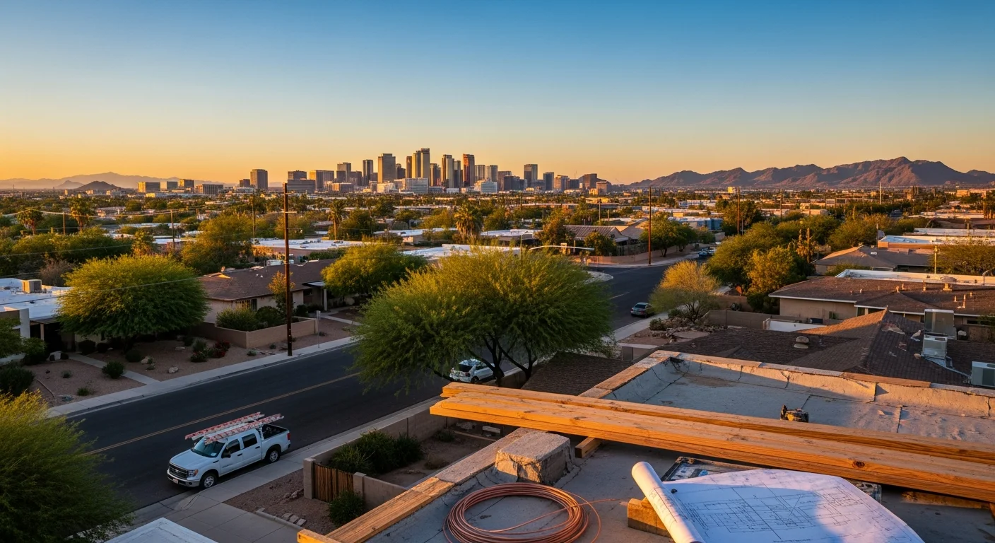 Wide Phoenix skyline view at dusk with downtown towers and residential neighborhoods stretching to distant mountains.