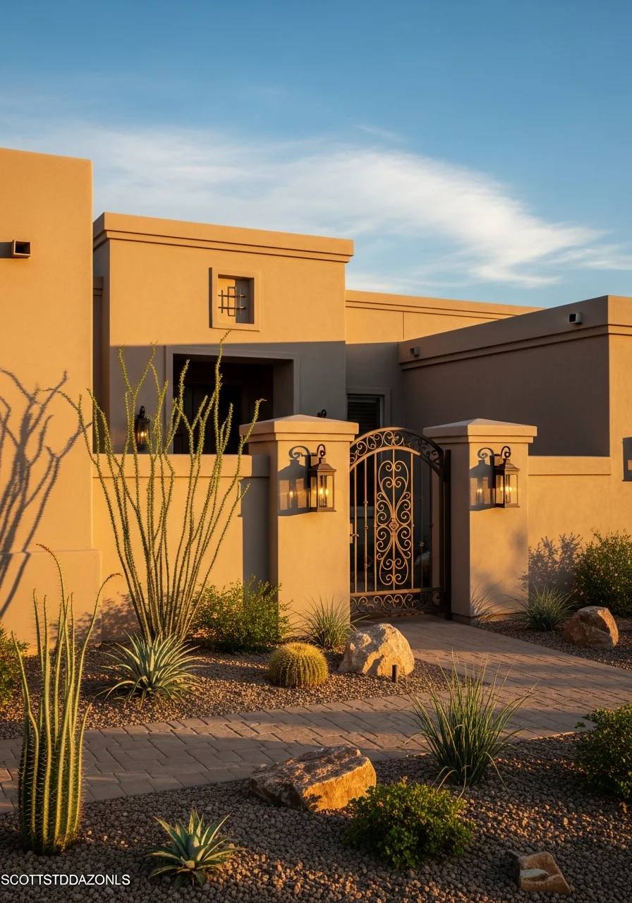 Scottsdale luxury property entrance with architectural details, manicured grounds, and clear desert sky.