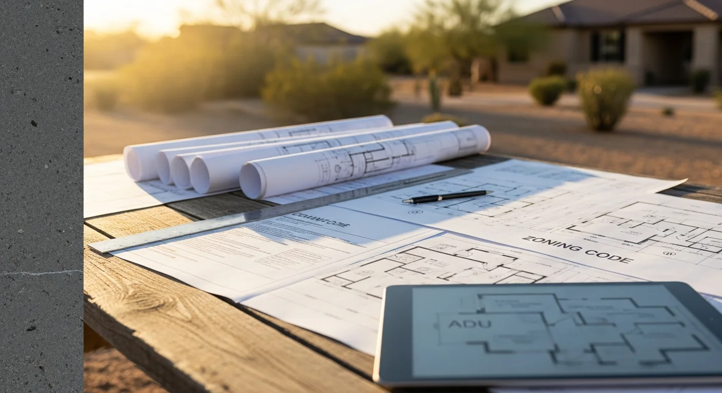 A newly designed detached casita in a Chandler, AZ backyard, showing a stucco exterior with a concrete tile roof that matches the primary single-family home. The structure sits within the rear setback zone of a standard residential lot in Chandler.