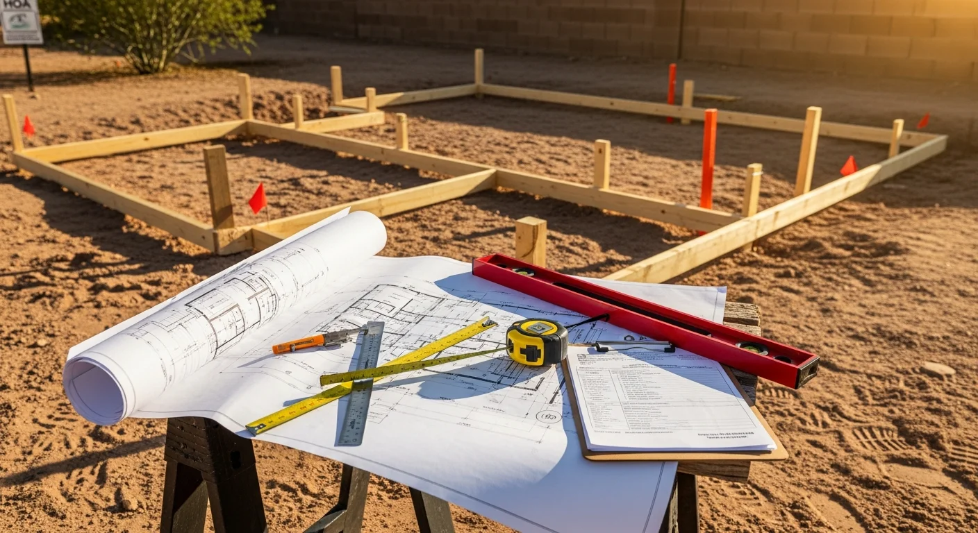 Newly constructed detached casita in a Chandler, AZ backyard with stucco exterior and a concrete tile roof matching the primary residence. The finished ADU includes a private entrance and sits within the required property line setbacks.