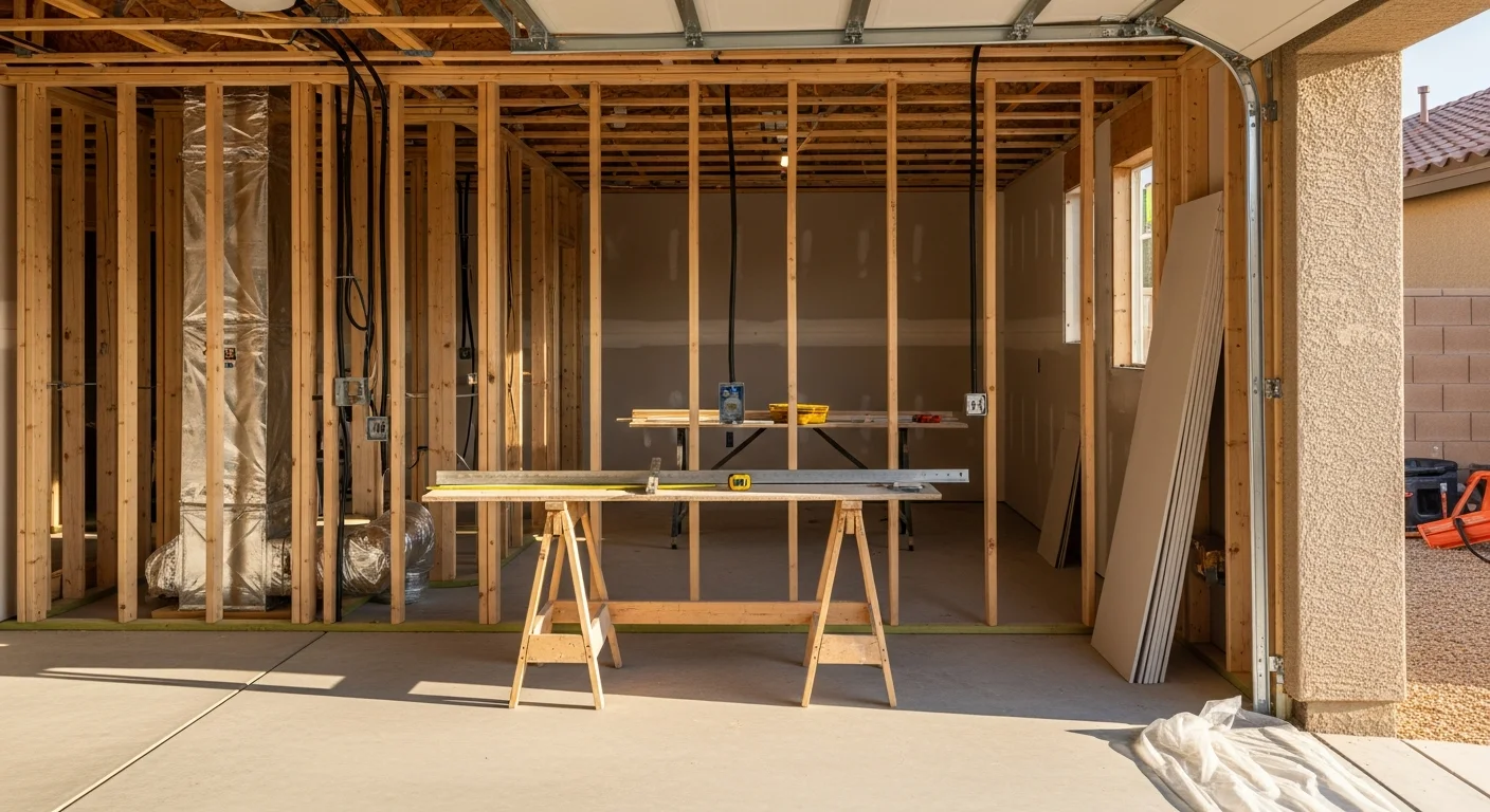 A finished garage conversion interior in a Chandler, AZ home showing drywall walls, recessed lighting, and wood-look flooring replacing the original concrete slab. The space is set up as a home office with a window installed where the garage door once was.