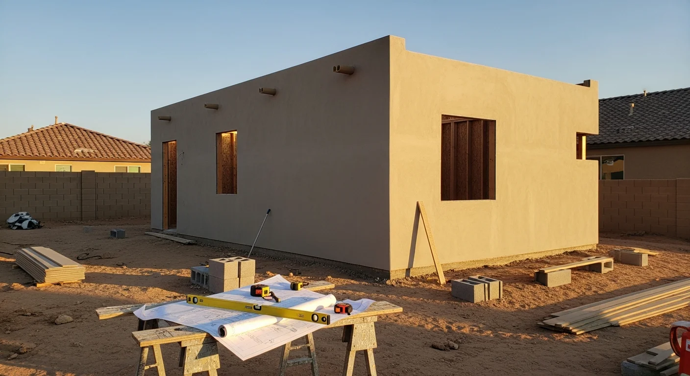A newly built detached guest house in a Chandler, AZ backyard with stucco exterior and covered patio, matching the architecture of the main residence. The structure sits on a landscaped lot with clear separation from the primary home.