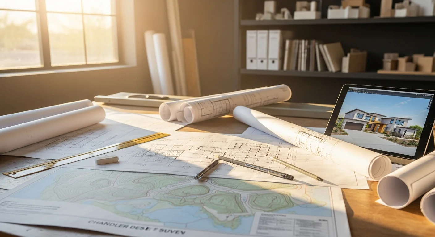 A detailed new home floor plan layout spread across a drafting table, with a partially framed residential structure visible in the background on a Chandler, AZ building site. A construction professional reviews the drawings alongside a homeowner during the planning phase.